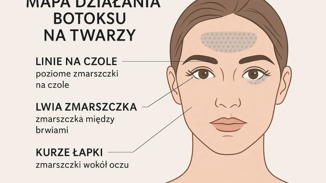 Mapa działania botoksu na twarzy: miejsca wstrzyknięć na czole, między brwiami i wokół oczu.