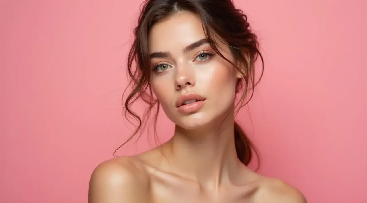 Portret młodej kobiety o delikatnym makijażu, emanującej naturalnym pięknem. Jej spojrzenie jest subtelne, a skóra promienna, co idealnie oddaje styl clean girl.