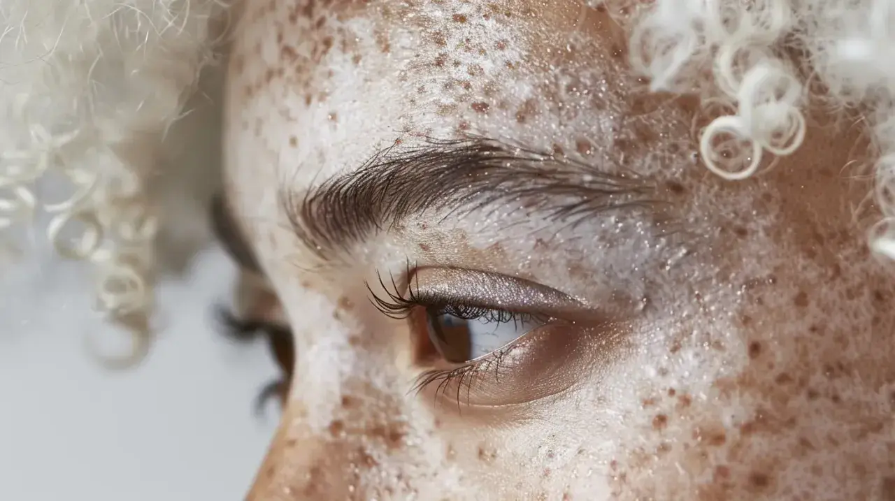 Zbliżenie na twarz z widocznym **vitiligo**, gdzie plamy depigmentacji przeplatają się z piegami. Jasne, kręcone włosy otaczają twarz.