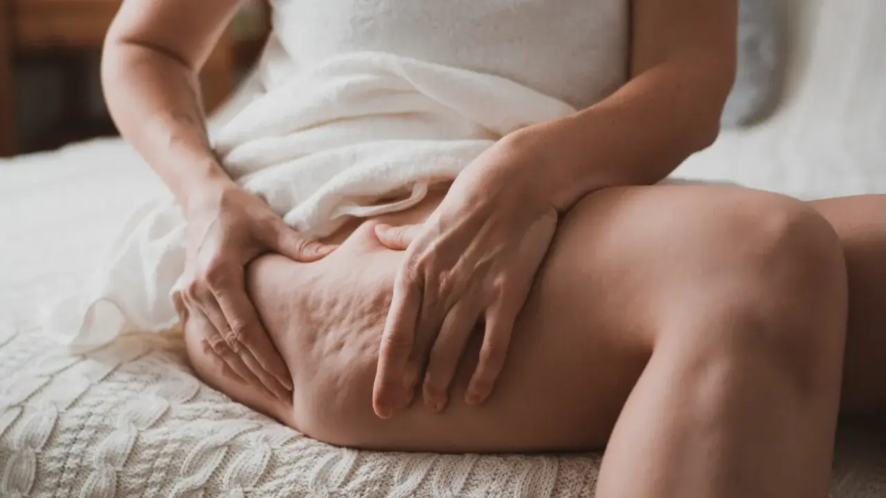 Kobieta dotyka dłońmi uda z widocznym cellulitem.
