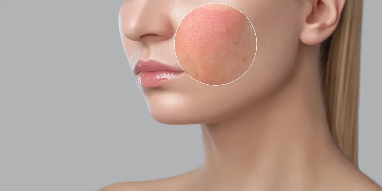 Zbliżenie na policzek kobiety z widocznymi porami i zaczerwienieniem, przypominające **skórę pergaminową**.