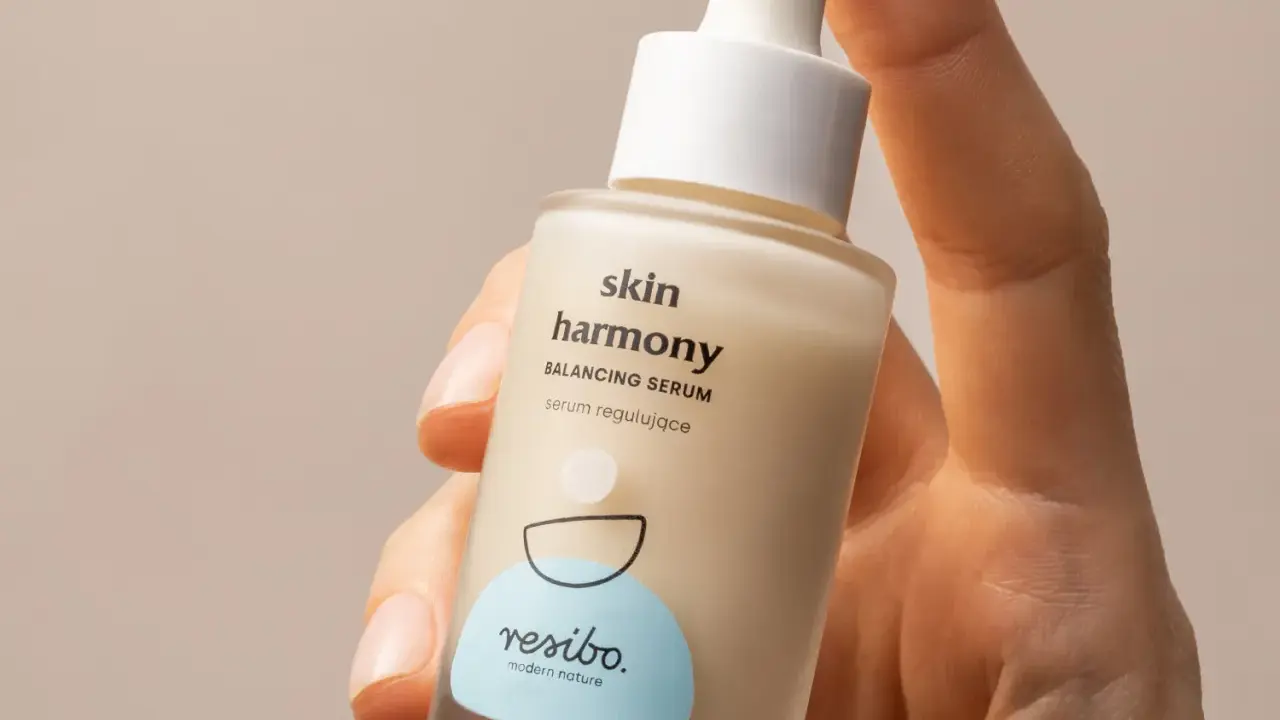 Dłoń trzyma buteleczkę serum Resibo z alantoiną. Skóra harmonijnie odzyskuje równowagę dzięki temu produktowi.