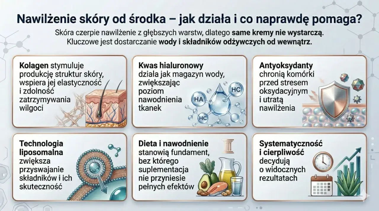 Skóra potrzebuje humektantów. Grafika pokazuje kolagen, kwas hialuronowy, antyoksydanty, technologię liposomalną, dietę i nawodnienie dla nawilżenia od środka.
