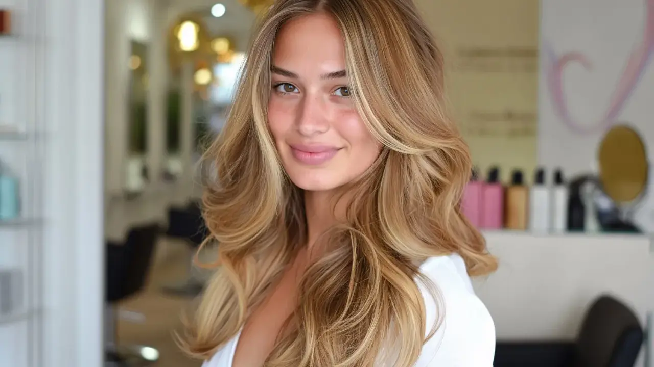 Uśmiechnięta blondynka z fryzurą butterfly cut, z falowanymi włosami i refleksami.