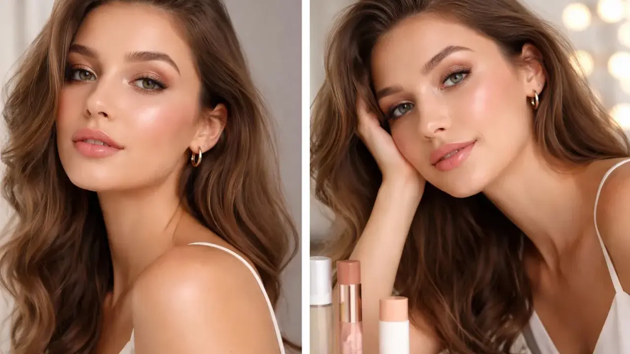 Kobieta z falowanymi włosami i makijażem w stylu glam. Delikatne cienie na powiekach i błyszczące usta podkreślają jej urodę.