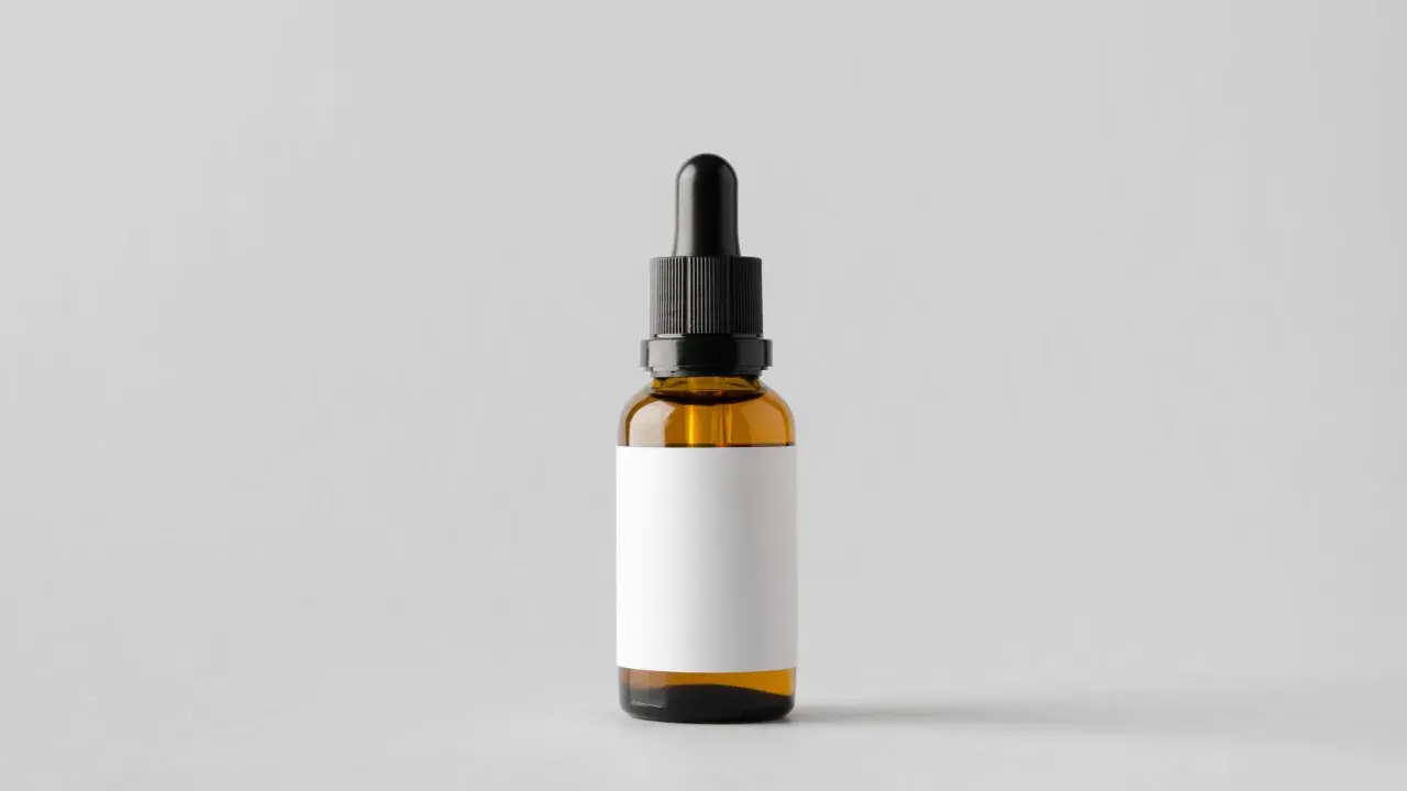 Brązowa buteleczka z pipetką, idealna na serum z witaminą E, np. tocopheryl acetate, z pustą białą etykietą.