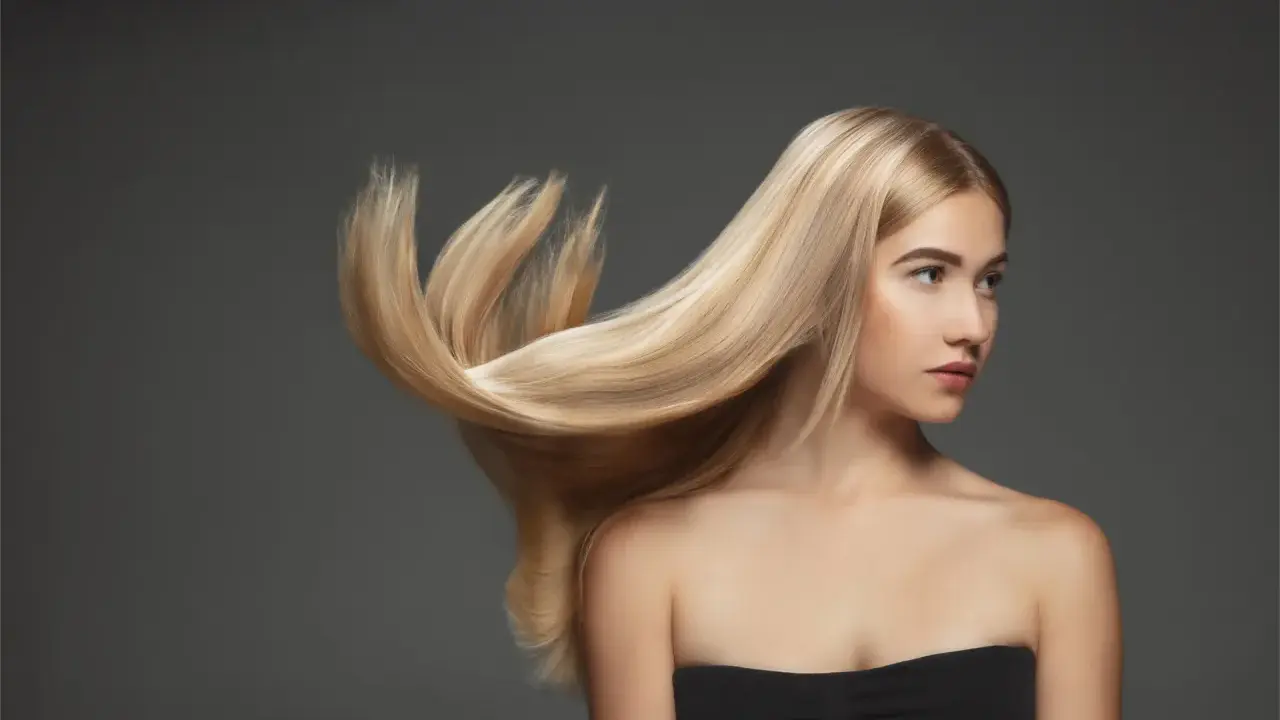Blond włosy modelki falują, ukazując ich zdrową budowę.