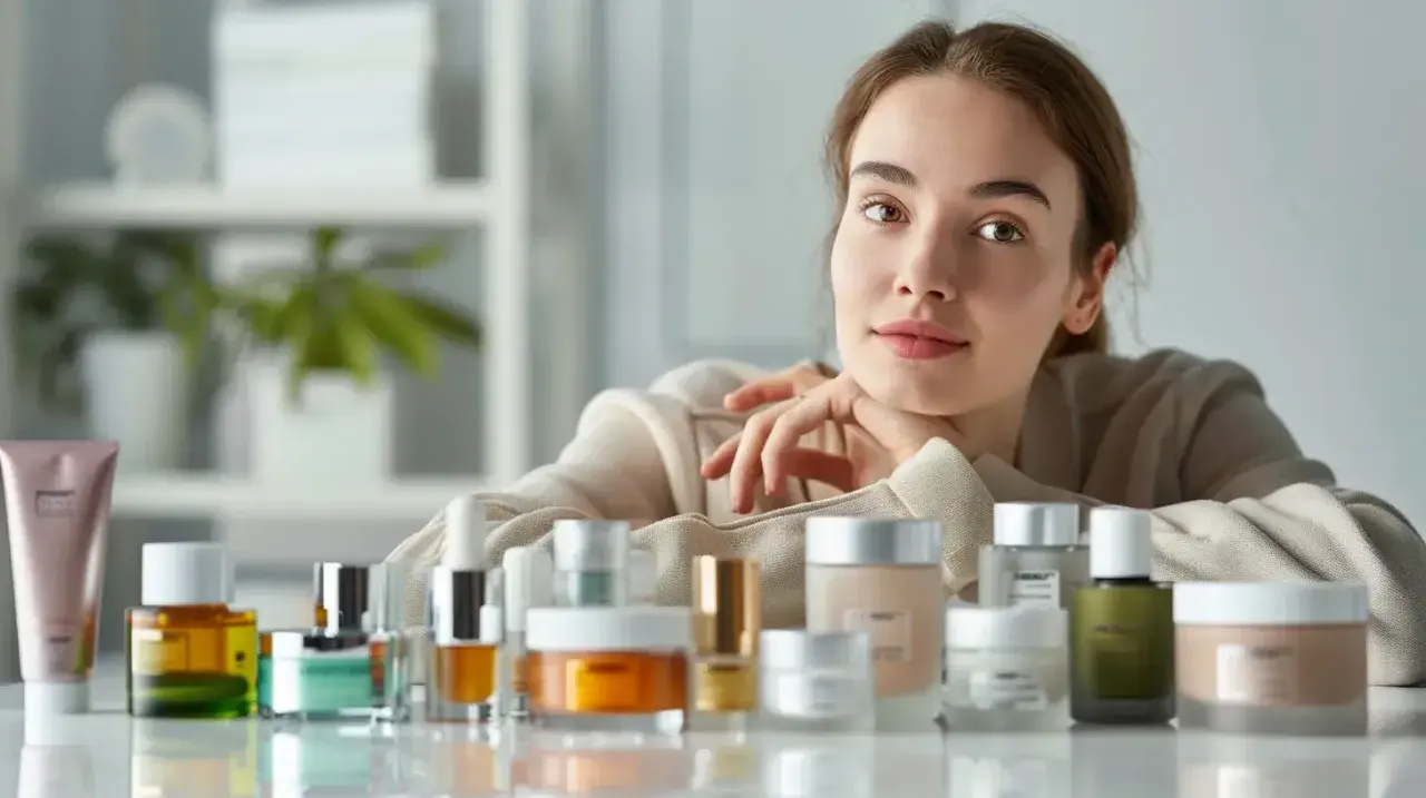 Kobieta z kosmetykami, wśród których znajdziemy produkty z ceramidami. Dowiadujemy się, ceramidy co to i jak działają na skórę.
