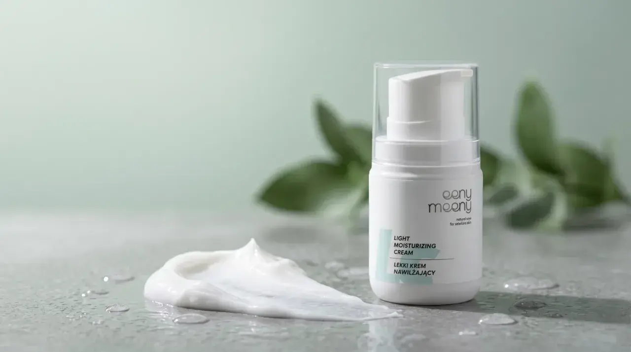 Lekki krem nawilżający eeny meeny w białej butelce z pompką, obok rozmazanej porcji kremu. Produkt jest niekomedogenny.