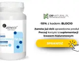 Biała butelka suplementu diety Kwas hialuronowy 150 mg Aliness na białym tle.