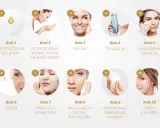 Kompleksowa pielęgnacja twarzy krok po kroku: od oczyszczania olejkiem i wodą, przez peeling, tonizację, esencję, serum, maskę, po krem pod oczy, krem nawilżający i krem z filtrem.