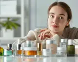 Kobieta z kosmetykami, wśród których znajdziemy produkty z ceramidami. Dowiadujemy się, ceramidy co to i jak działają na skórę.