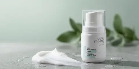 Lekki krem nawilżający eeny meeny w białej butelce z pompką, obok rozmazanej porcji kremu. Produkt jest niekomedogenny.