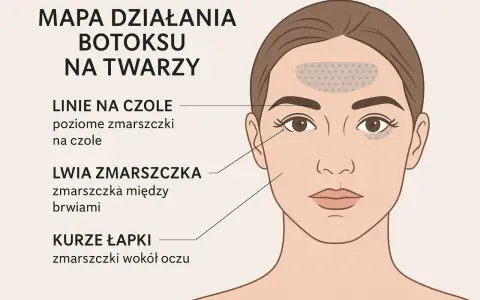 Mapa działania botoksu na twarzy: miejsca wstrzyknięć na czole, między brwiami i wokół oczu.