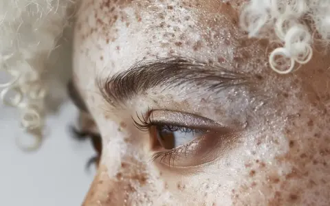 Zbliżenie na twarz z widocznym **vitiligo**, gdzie plamy depigmentacji przeplatają się z piegami. Jasne, kręcone włosy otaczają twarz.
