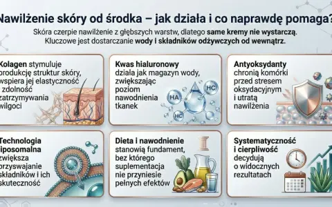 Skóra potrzebuje humektantów. Grafika pokazuje kolagen, kwas hialuronowy, antyoksydanty, technologię liposomalną, dietę i nawodnienie dla nawilżenia od środka.