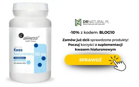 Biała butelka suplementu diety Kwas hialuronowy 150 mg Aliness na białym tle.