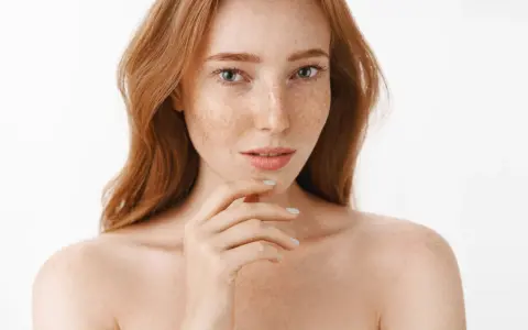 Ruda kobieta z piegami, których urok podkreśla naturalna produkcja melaniny.