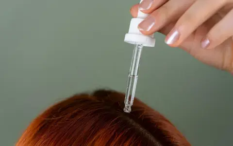 Dłoń z pipetką aplikuje serum na rudą skórę głowy, pokazując, jak nawilżyć skórę głowy.