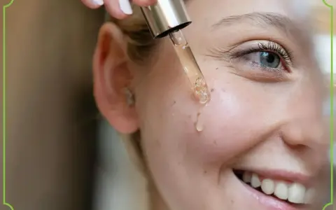 Kropla serum z pipety spada na policzek uśmiechniętej kobiety. Dowiedz się, jak stosować retinol dla pięknej cery.