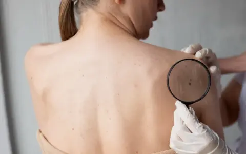 Dermatolog bada pieprzyk na plecach pacjentki przez lupę, oceniając potencjalną dermatozę.