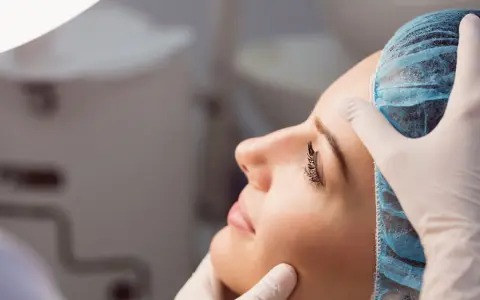 Dermatolog w białej rękawiczce delikatnie bada twarz kobiety w czepku. To wizyta u specjalisty, który pomoże zadbać o zdrową skórę.