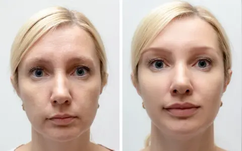 Przed i po zabiegu: skóra twarzy przed i po zastosowaniu osocza bogatopłytkowego. Wygładzone zmarszczki, odżywiona cera.