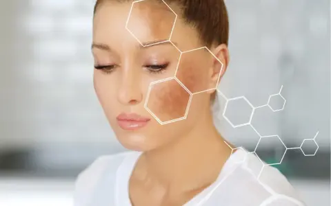 Kobieta z przebarwieniami na twarzy, gdzie widoczna jest nadmierna produkcja melaniny. Graficzne przedstawienie struktury chemicznej.