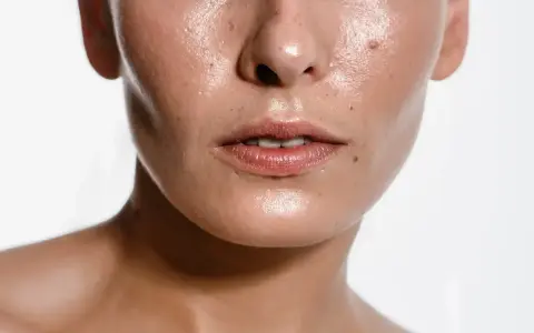 Błyszcząca skóra z widocznym **sebum** na policzkach i nosie, podkreślająca naturalne piękno.