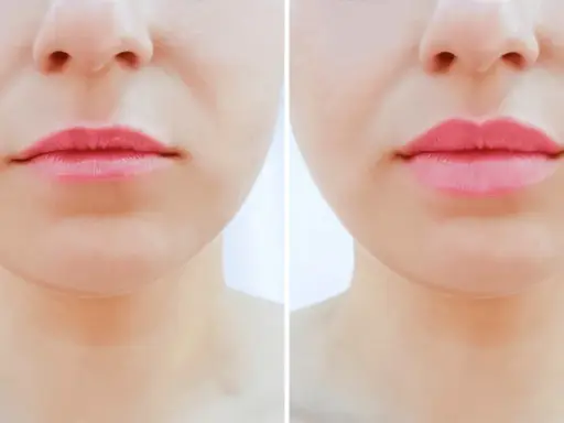 Przed i po zabiegu botox lip flip. Usta stały się pełniejsze i bardziej zdefiniowane.