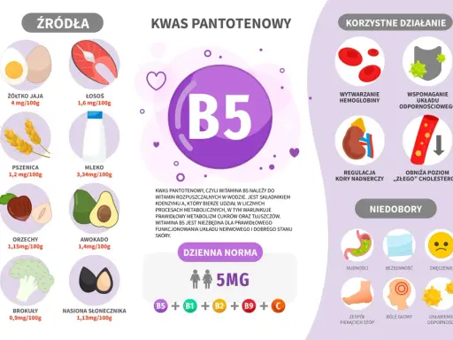 Kwas pantotenowy (B5) wspiera metabolizm, skórę i układ nerwowy. Znajdziesz go w jajach, łososiu, mleku, orzechach, awokado, brokułach. Dexpanthenol to jego forma.