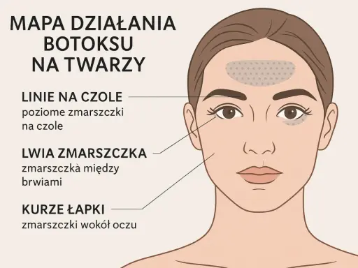 Mapa działania botoksu na twarzy: miejsca wstrzyknięć na czole, między brwiami i wokół oczu.