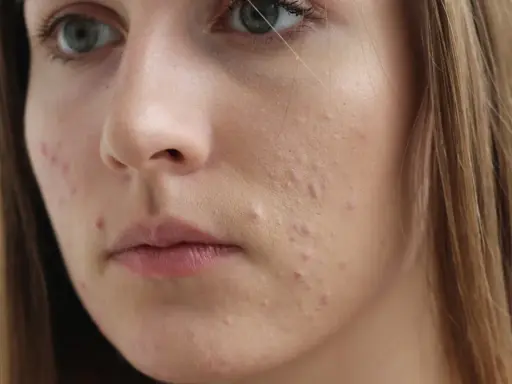 Młoda kobieta z niedoskonałościami na twarzy, być może stosująca sudocrem na twarz.