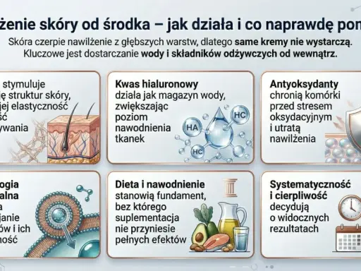 Skóra potrzebuje humektantów. Grafika pokazuje kolagen, kwas hialuronowy, antyoksydanty, technologię liposomalną, dietę i nawodnienie dla nawilżenia od środka.