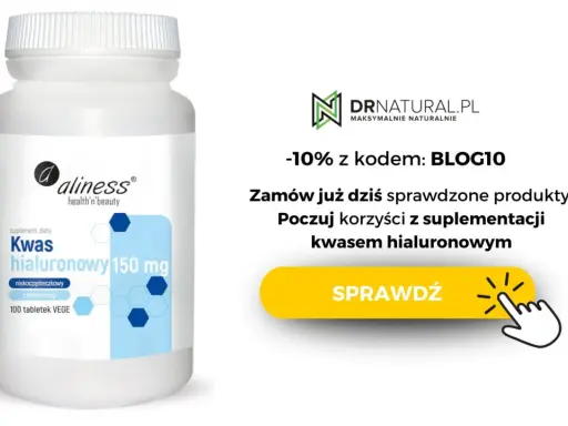 Biała butelka suplementu diety Kwas hialuronowy 150 mg Aliness na białym tle.