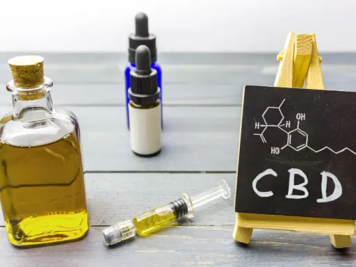 Butelka z olejkiem, strzykawka i tabliczka z napisem CBD. Zastanawiasz się, olejek CBD na co?
