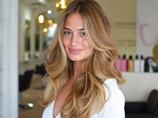 Uśmiechnięta blondynka z fryzurą butterfly cut, z falowanymi włosami i refleksami.