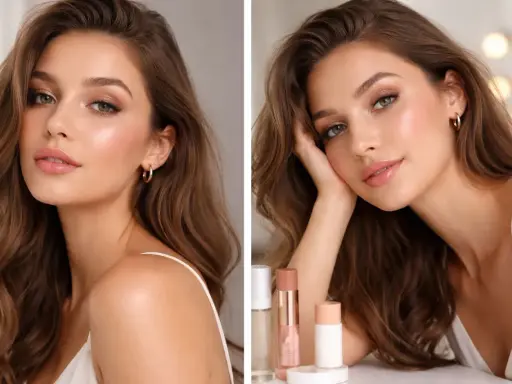 Kobieta z falowanymi włosami i makijażem w stylu glam. Delikatne cienie na powiekach i błyszczące usta podkreślają jej urodę.
