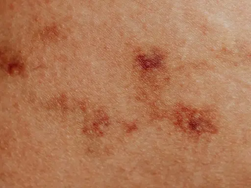 Zbliżenie na skórę z ciemniejszymi przebarwieniami, przypominającymi swędzące krosty na ciele.
