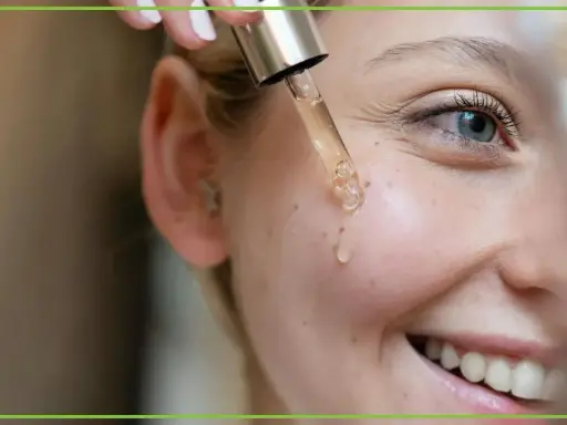 Kropla serum z pipety spada na policzek uśmiechniętej kobiety. Dowiedz się, jak stosować retinol dla pięknej cery.