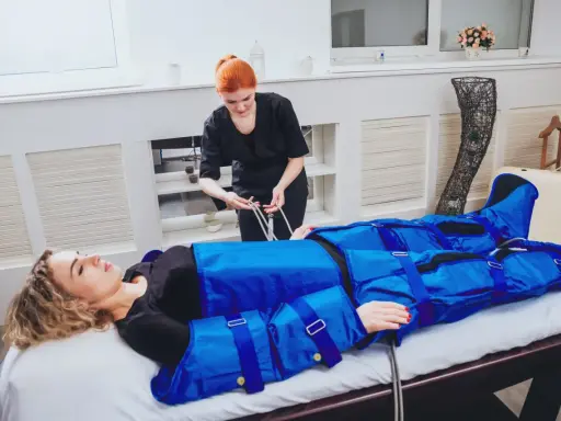 Kobieta w salonie piękności poddaje się zabiegowi drenażu limfatycznego. Sprawdź drenaż limfatyczny cena i poczuj się lepiej!