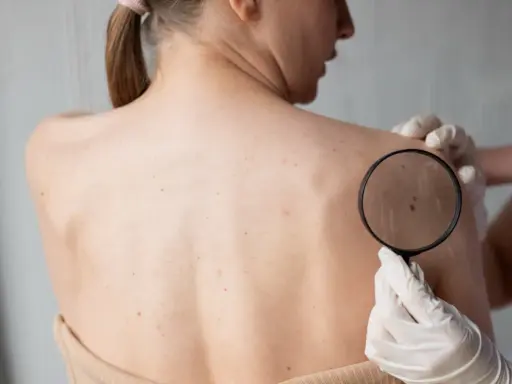 Dermatolog bada pieprzyk na plecach pacjentki przez lupę, oceniając potencjalną dermatozę.