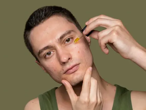 Mężczyzna z problematyczną cerą aplikuje serum. Zamiast wyciskanie wągrów, stawia na pielęgnację.