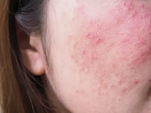 Skóra na policzku z zaczerwienieniem i suchymi plamami, wskazującymi na podrażnienie lub problem dermatologiczny.