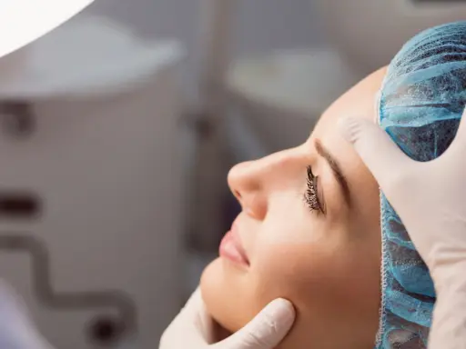 Dermatolog w białej rękawiczce delikatnie bada twarz kobiety w czepku. To wizyta u specjalisty, który pomoże zadbać o zdrową skórę.