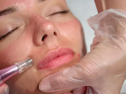 Zabieg dermapenem na twarz, widoczne zaczerwienienie i mikronakłucia. Oczekiwane dermapen efekty to odmłodzona i wygładzona skóra.