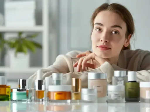 Kobieta z kosmetykami, wśród których znajdziemy produkty z ceramidami. Dowiadujemy się, ceramidy co to i jak działają na skórę.