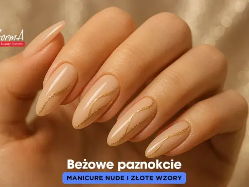 Dłoń z klasycznymi paznokciami w odcieniu nude, ozdobionymi subtelnymi złotymi wzorami. Elegancki manicure, który podkreśla piękno dłoni.