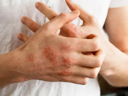 Dłonie z widocznymi zmianami skórnymi, zaczerwienieniem i łuszczeniem, sugerującymi **przeczosy** lub inne schorzenie dermatologiczne.