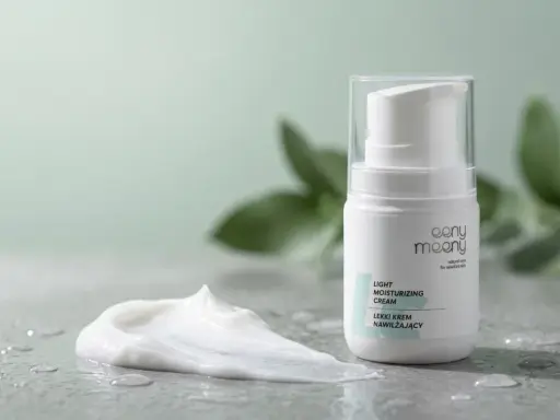 Lekki krem nawilżający eeny meeny w białej butelce z pompką, obok rozmazanej porcji kremu. Produkt jest niekomedogenny.